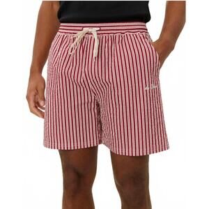 NEW LES DEUX stan stripe seersucker swim shorts in beet red